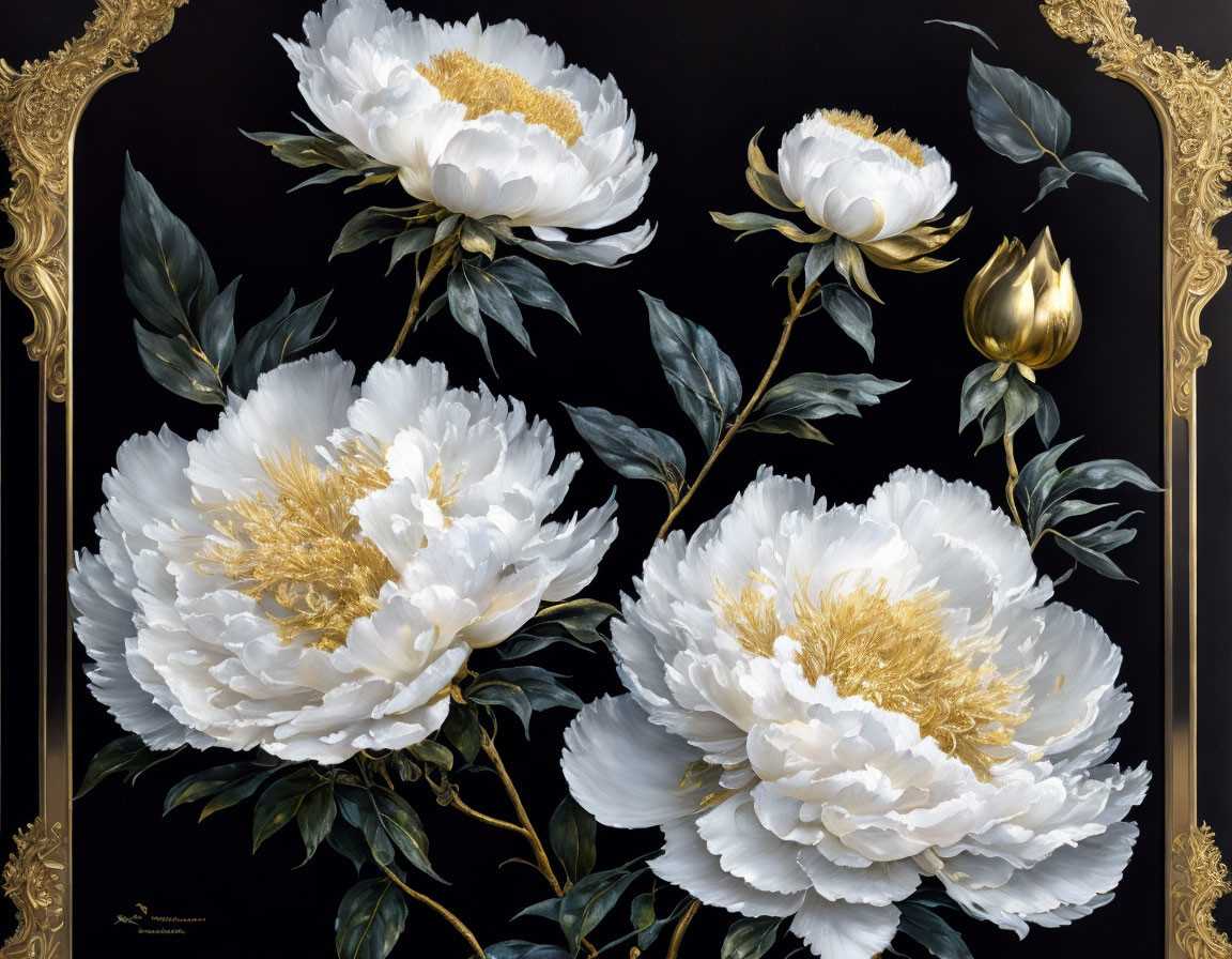 White Peonies Painting with Golden Centers on Dark Background