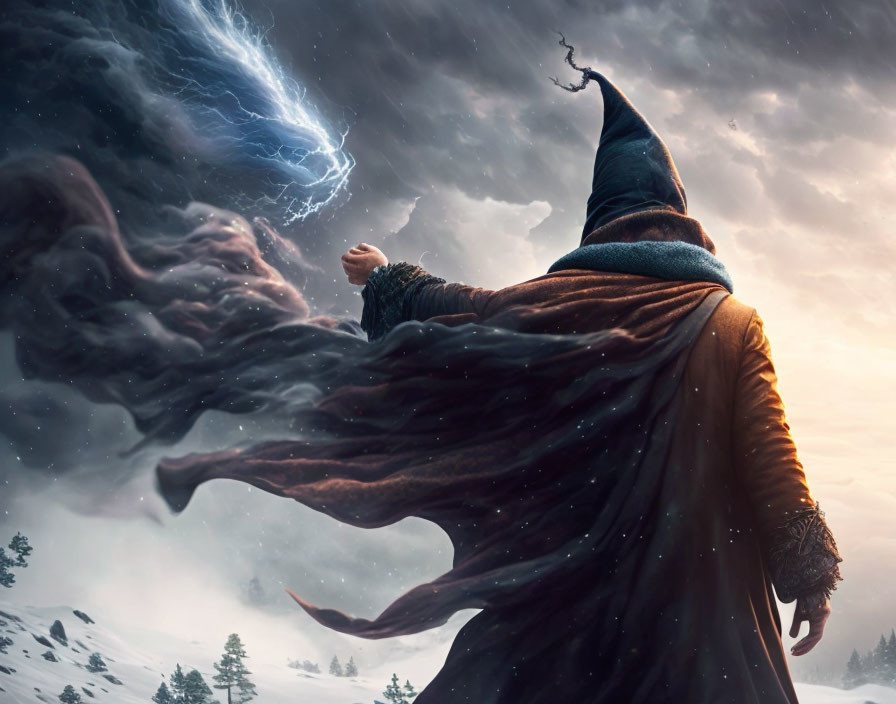 Wizard conjuring lightning in snowy landscape under dramatic sky