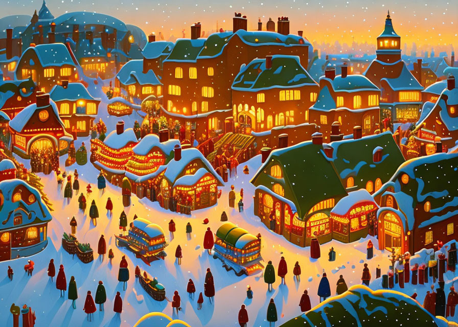 Snow-covered village with Christmas market at dusk