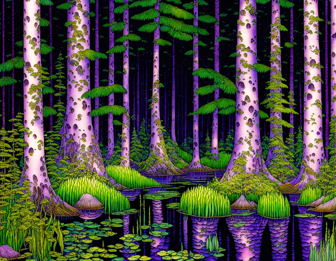 Colorful Psychedelic Forest Illustration with Spotted Trees and Mushrooms