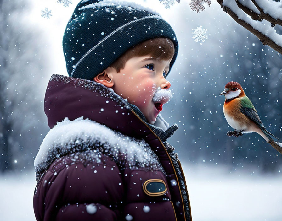 Child in winter hat amazed by colorful bird on snowy branch