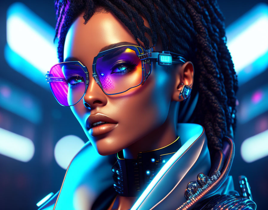 Futuristic woman with braided hair and neon-lit glasses