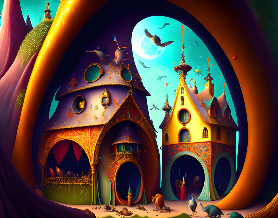 Fantasy illustration of whimsical buildings, flying creatures, and starlit sky