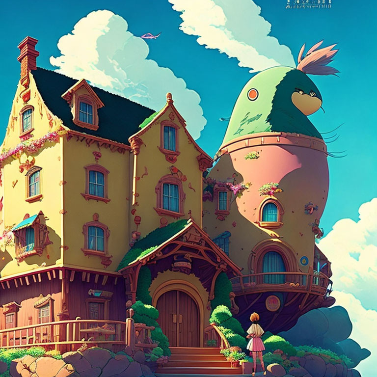 Whimsical tall house with bird-like structure illustration.