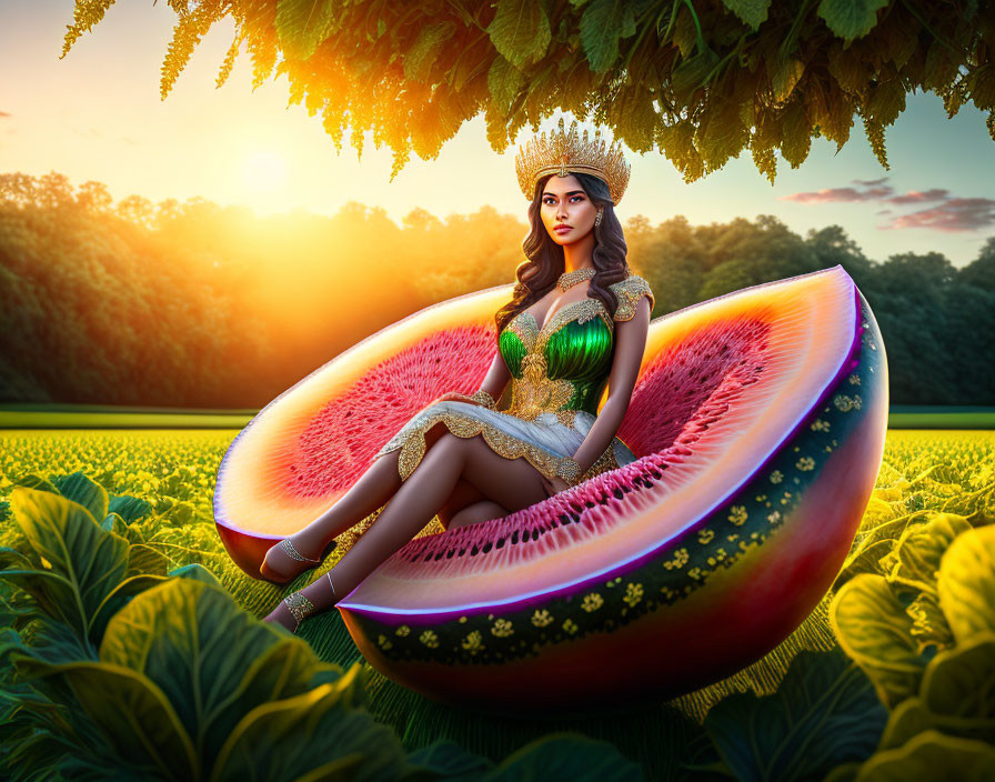 Regal woman in ornate attire inside giant watermelon slice at vibrant sunset