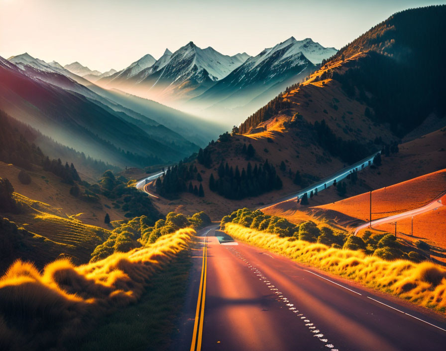 Scenic landscape with winding road and snow-capped mountains