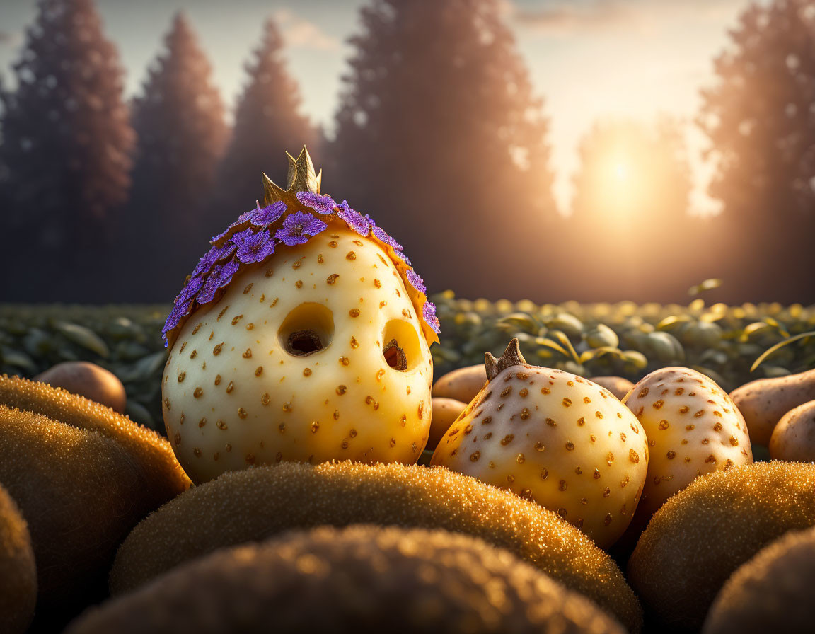 Whimsical strawberry with human-like face and crown in sunrise field