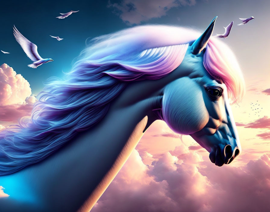 Digital art: Mythical unicorn with flowing mane in vibrant sky with flying birds