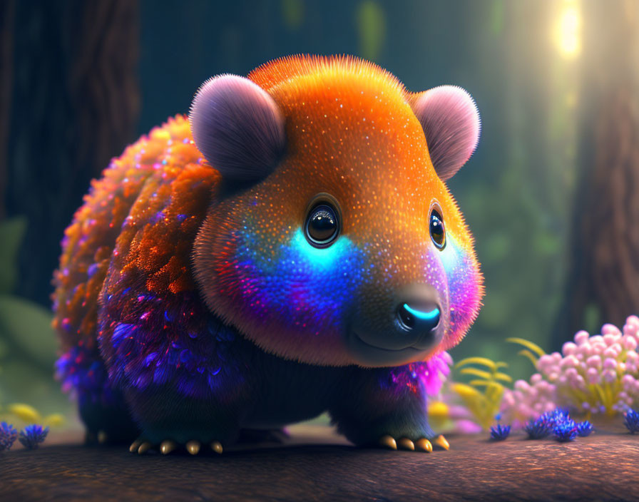 Colorful Bear-Like Creature with Gradient Fur in Magical Forest