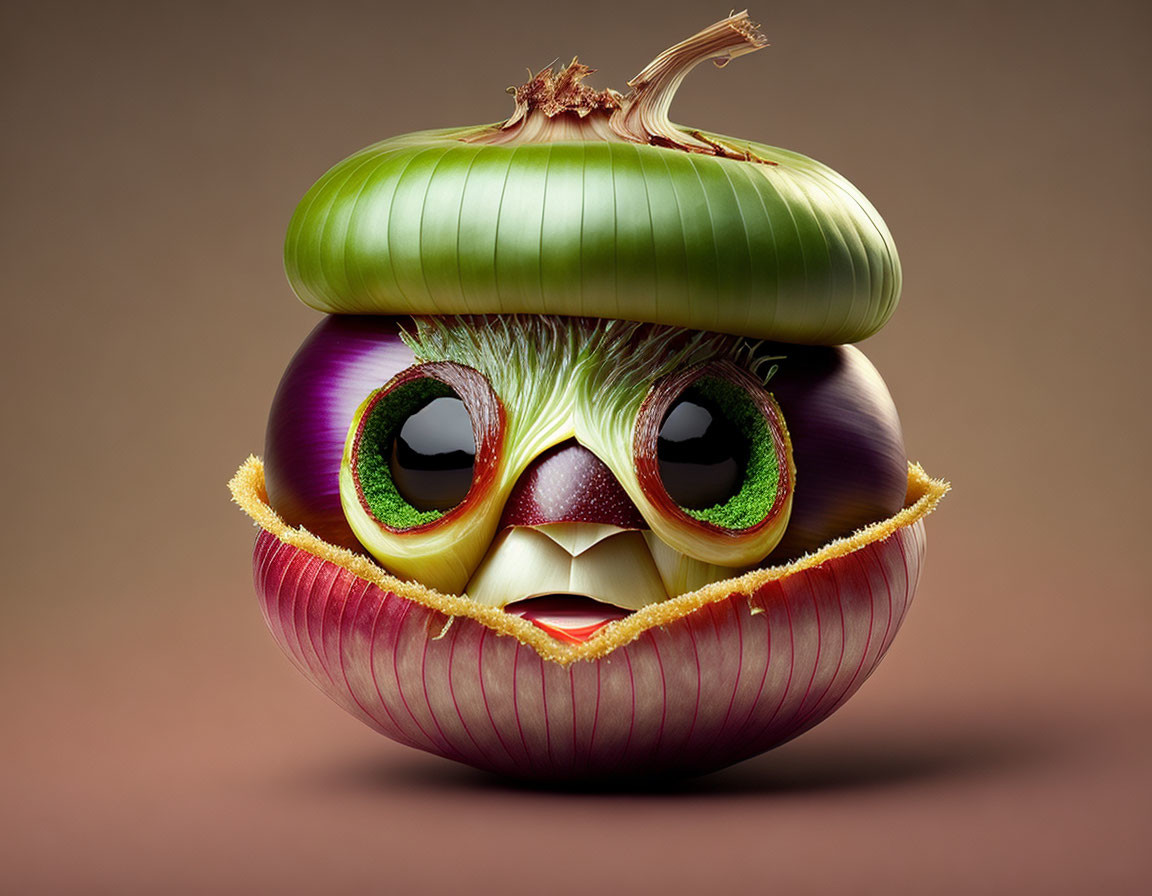 Red Onion Character with Green Sprout Hat on Brown Background