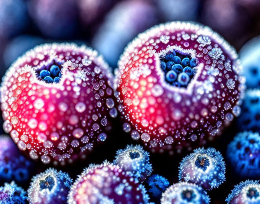 Detailed Close-Up of Dew-Covered Berries in Red and Blue Hues