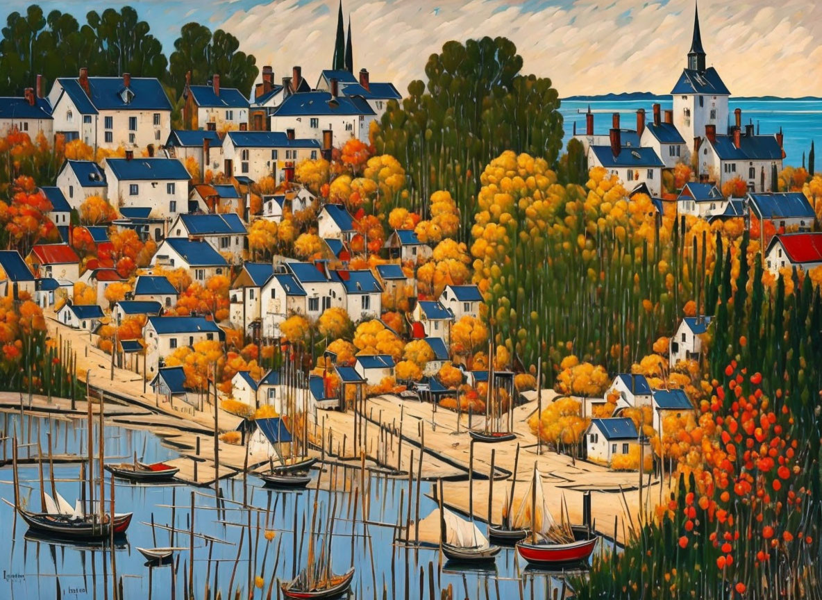 Colorful Coastal Town Painting with White Houses, Blue Roofs, Church Spire, Boats,