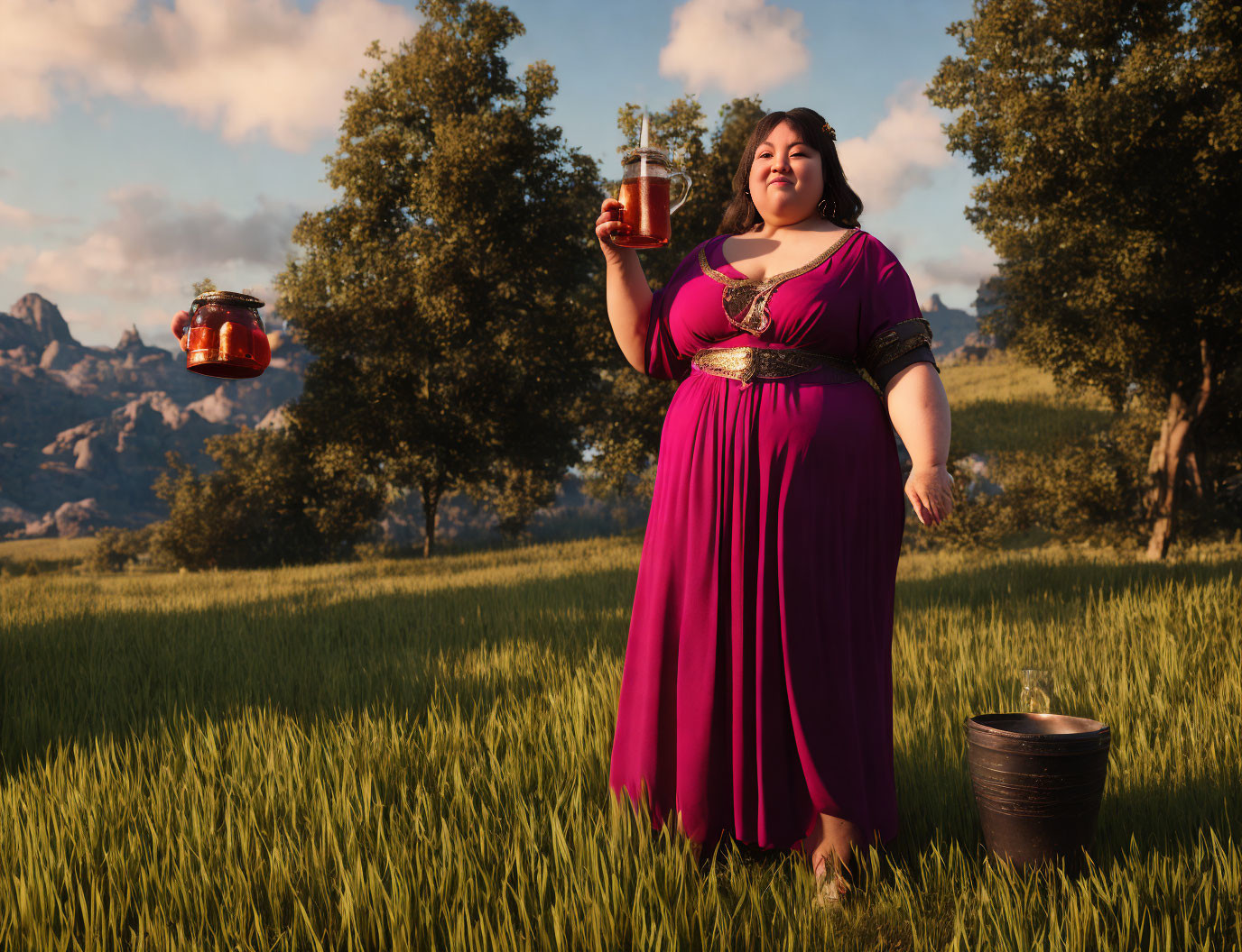 Woman in purple dress carrying jars of honey in sunny landscape