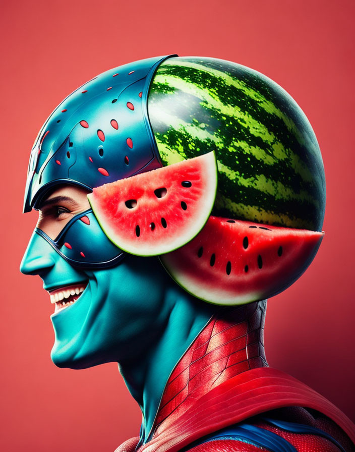 Character with Spider-Man suit & watermelon helmet on red background