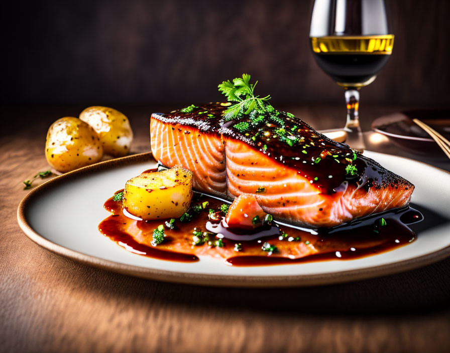 Grilled Salmon Fillet with Herb Topping, Potatoes, and Sauce on Plate with White Wine