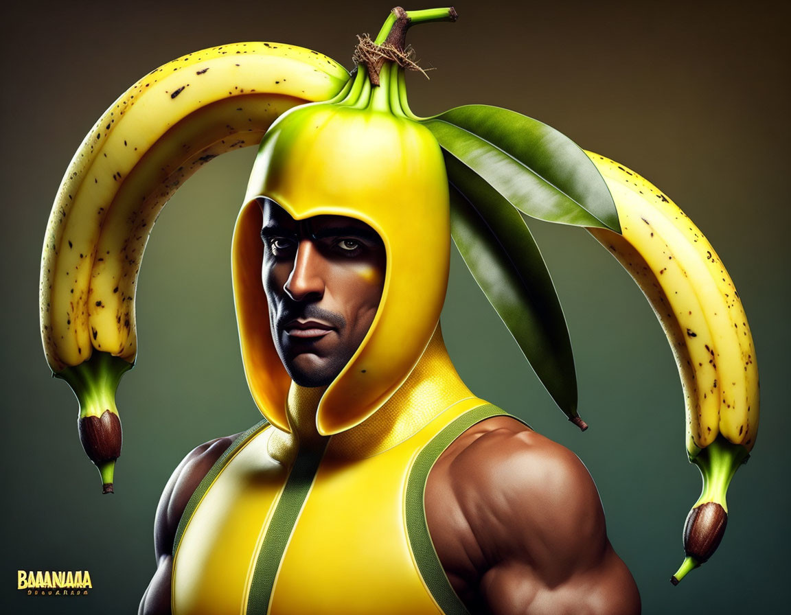 Muscular person in banana-themed costume with helmet and yellow suit