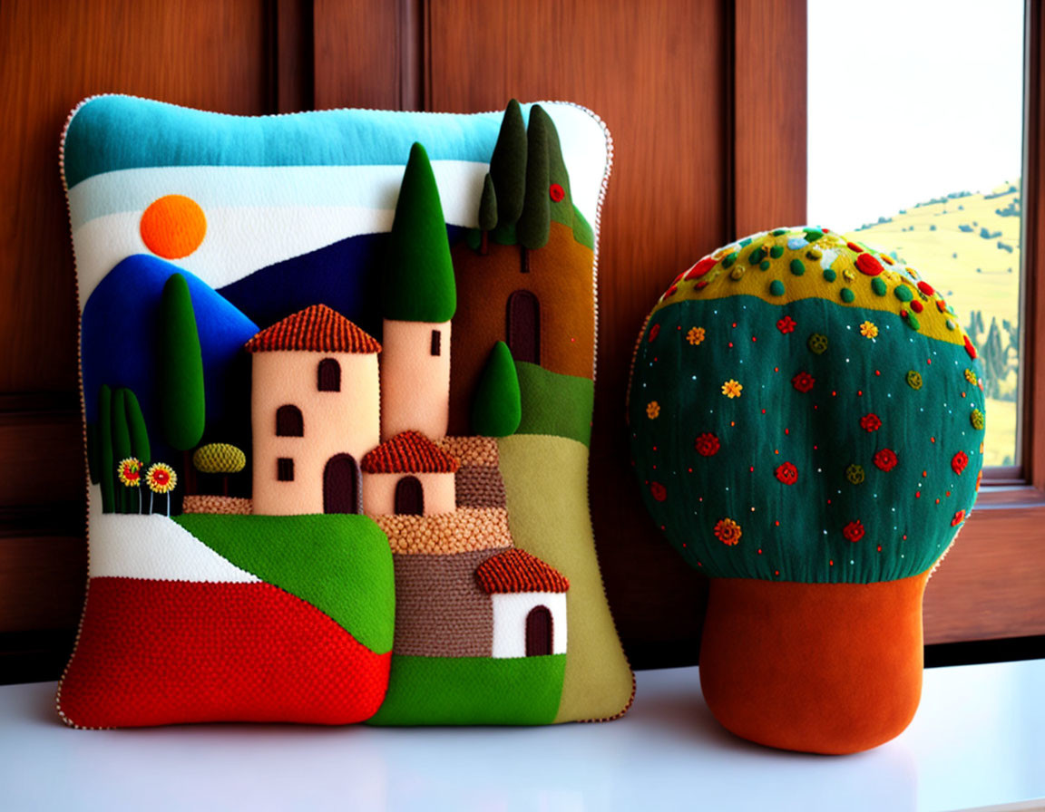 Vibrant landscape-themed throw pillows with fruit-shaped cushion by a window