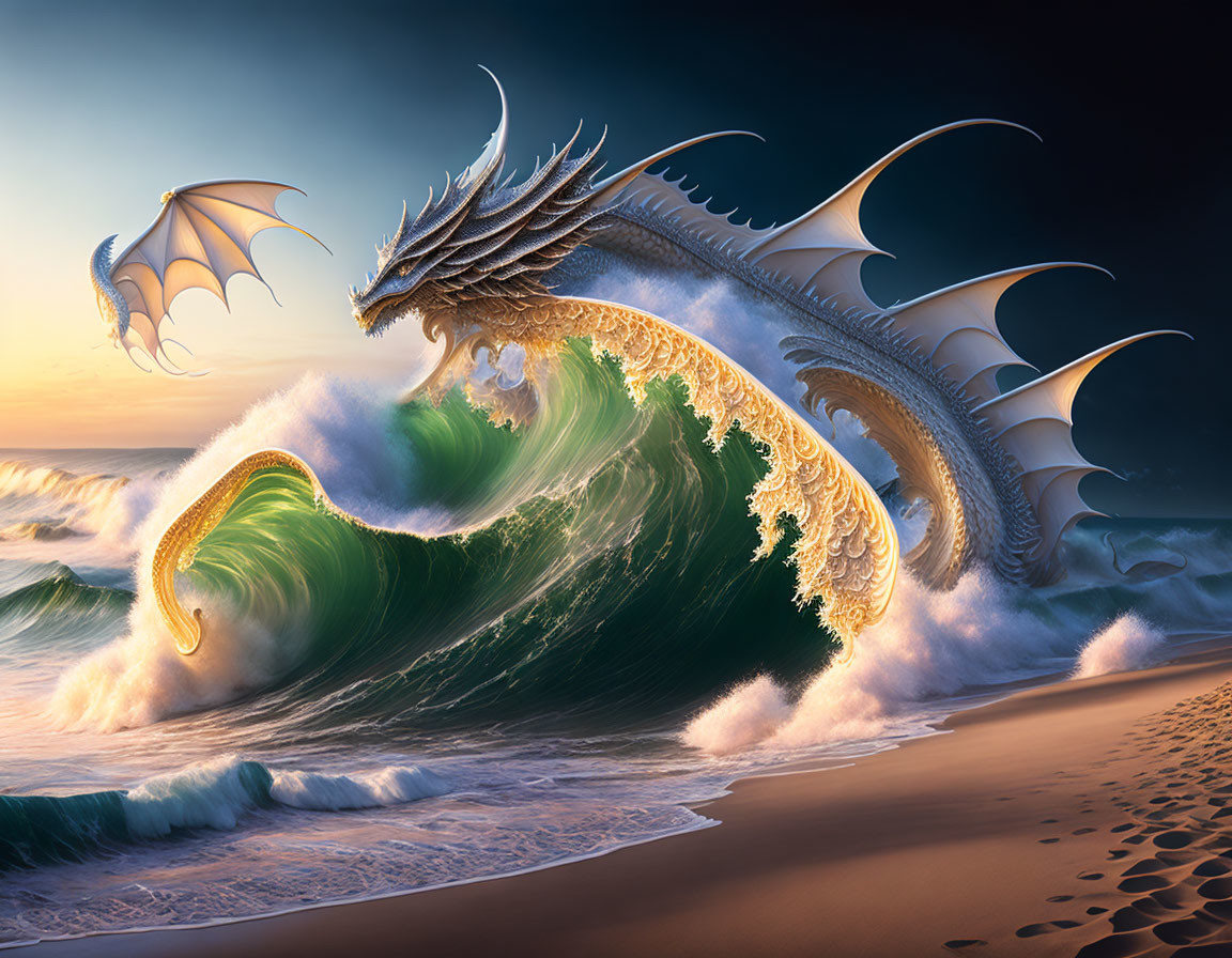 Majestic dragon with wings in sunset beach scene