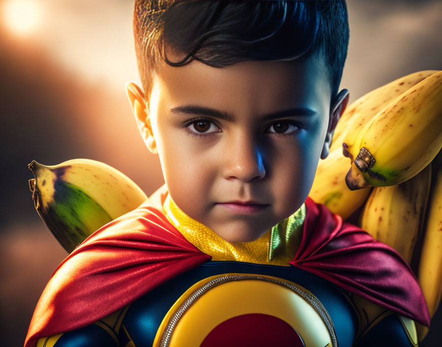 Child in Colorful Superhero Costume with Floating Bananas on Dramatic Backlit Background