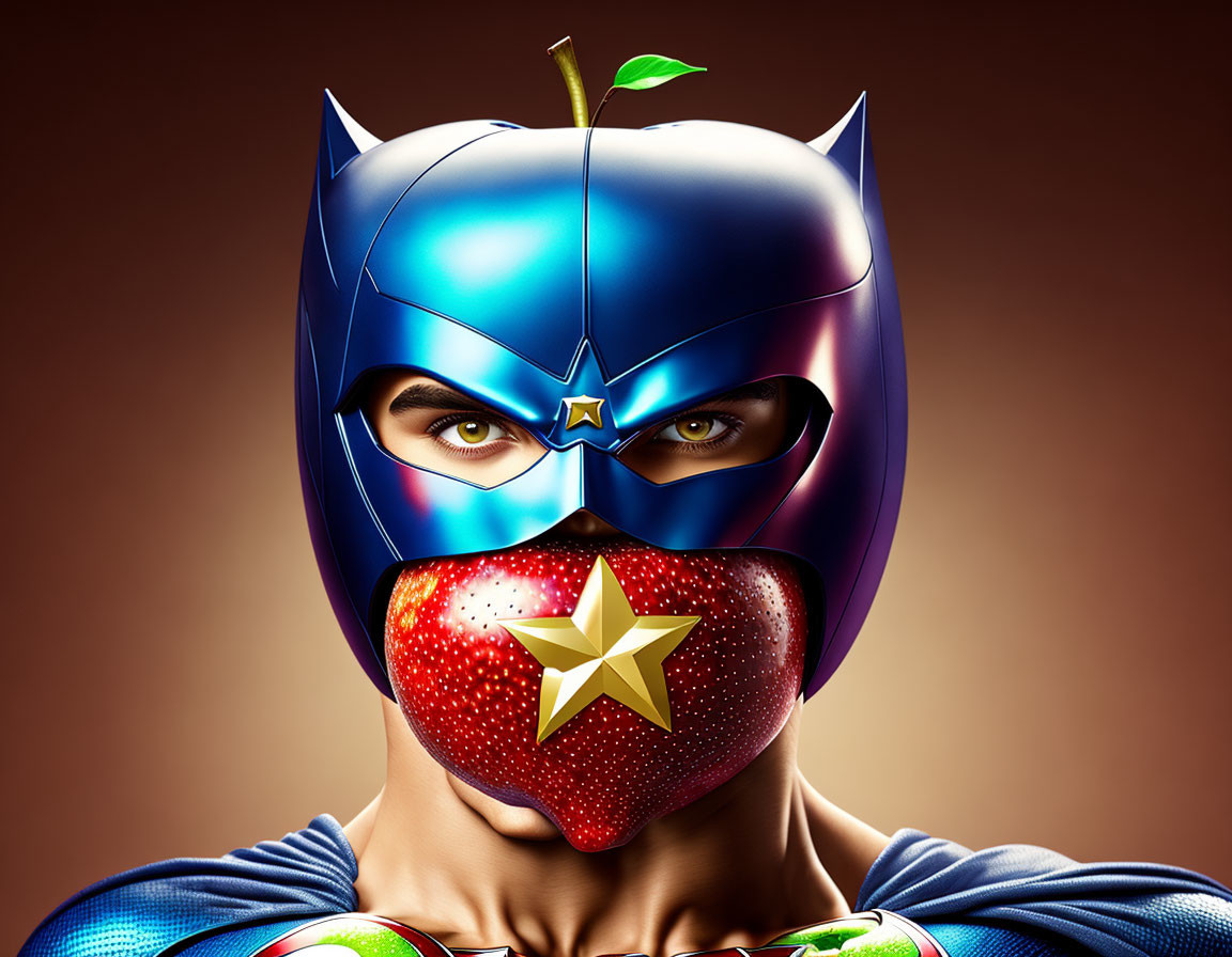 Person in superhero costume with blue metallic apple mask and star mouth.