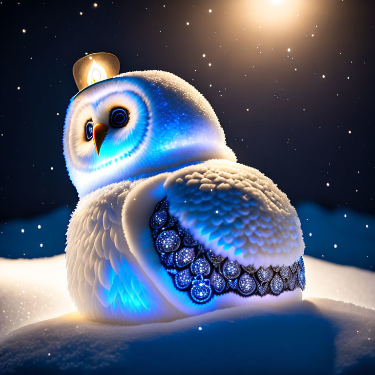 Snowy owl illustration with gemstones in snowman under starry sky