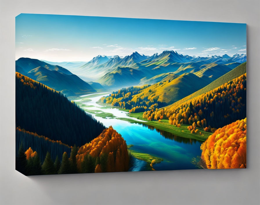 Autumn Landscape Canvas Print with River, Forests, and Mountains