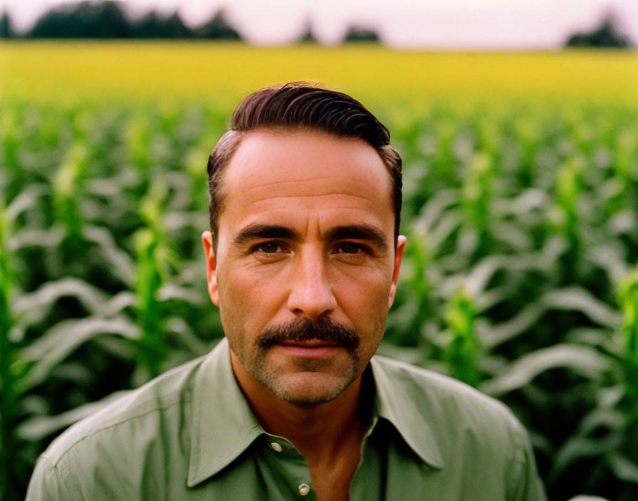 Man with neat mustache in green shirt standing in front of green crops under hazy sky