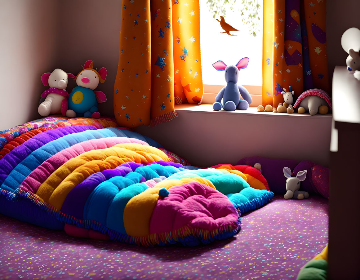 Vibrant Child's Bedroom with Rainbow Quilt and Plush Toys