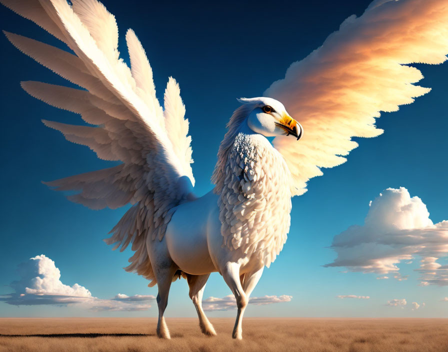 White Winged Horse Standing Under Blue Sky