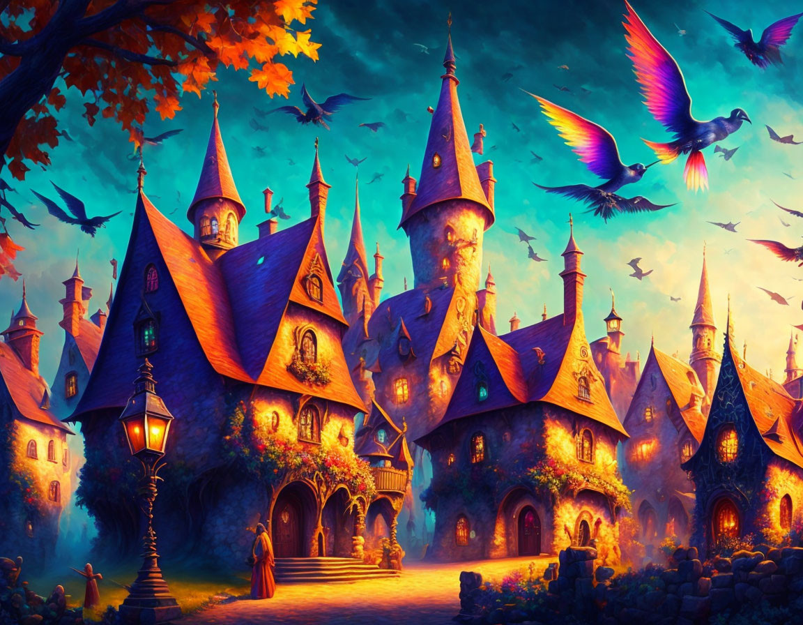 Fantasy illustration: Magical castle with spires, autumn trees, birds in twilight