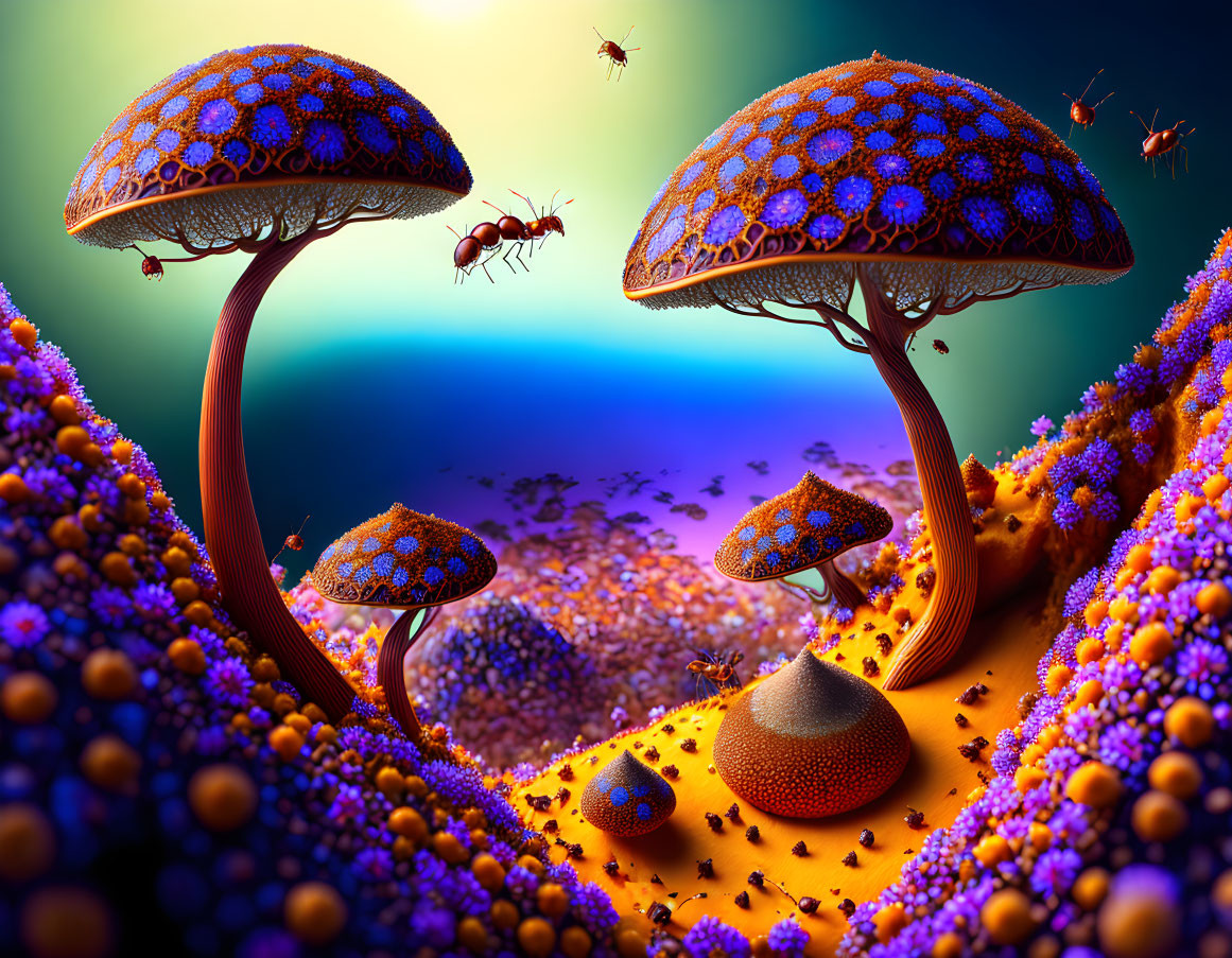 Colorful Fantasy Mushroom Artwork with Ants in Surreal Landscape