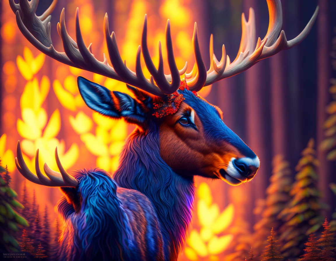 Majestic stag with large antlers in fiery orange forest