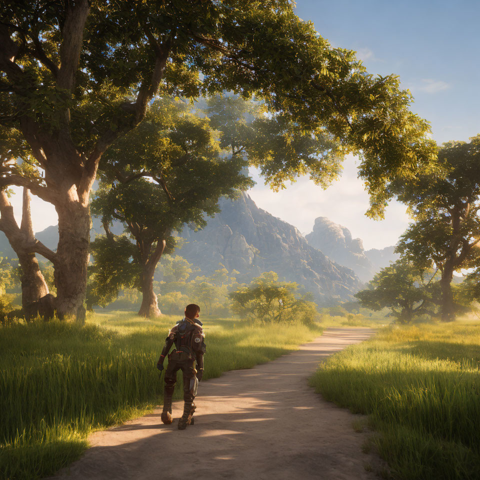 Hiker walking through lush meadow towards mountain range