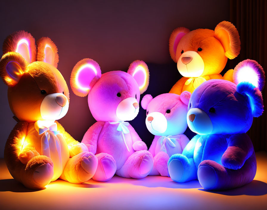 Vibrant illuminated teddy bears in orange, pink, yellow, and blue