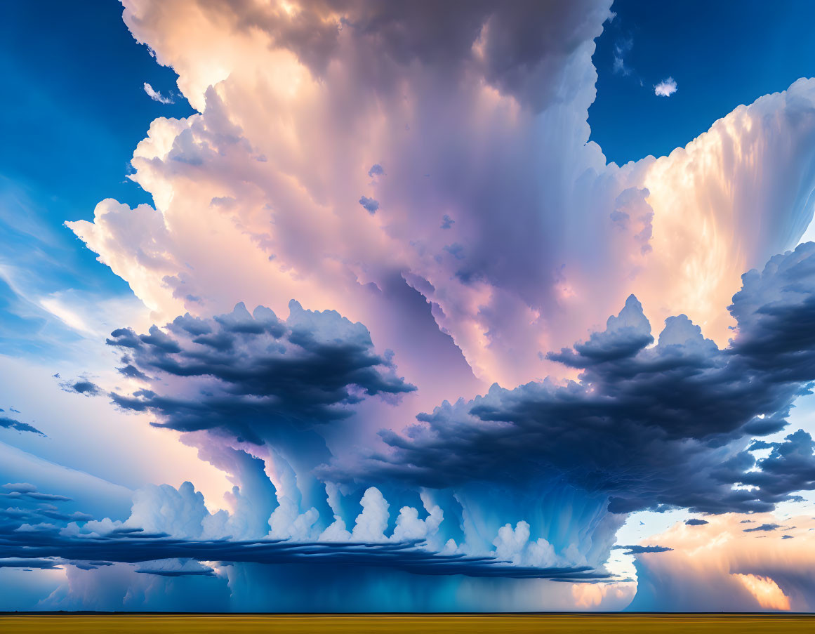 Dramatic sunset cumulonimbus cloud formation with vibrant blue and orange hues