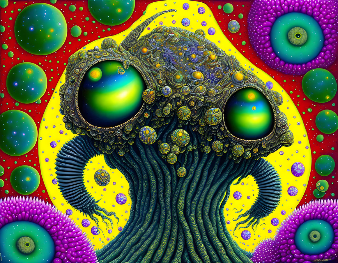 Colorful Psychedelic Digital Artwork with Abstract Creature and Swirling Green Eyes