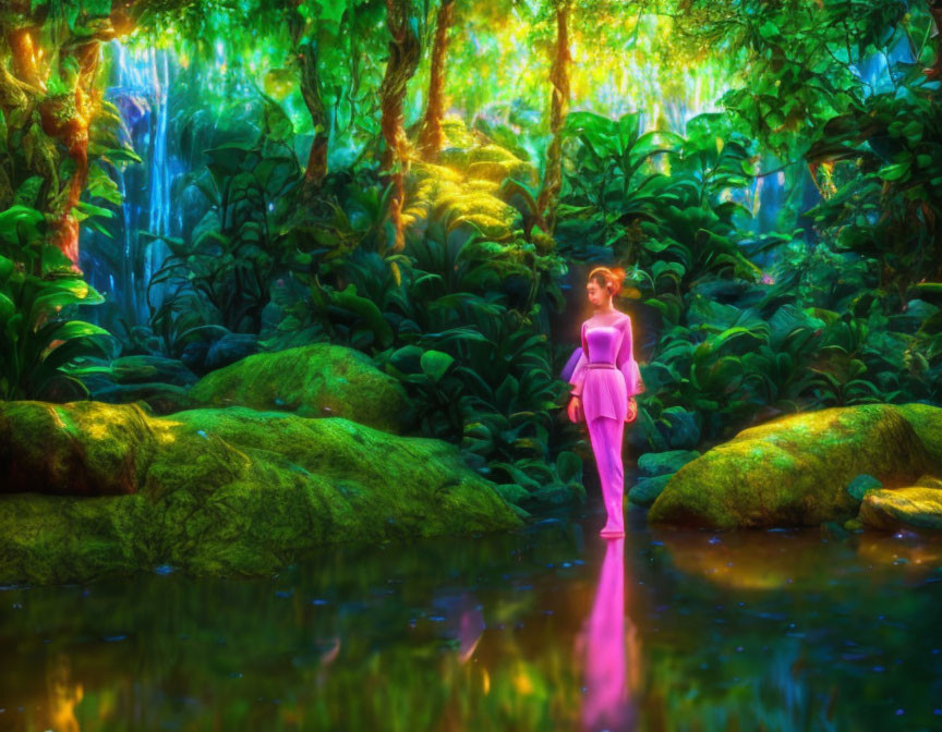 Woman in Pink Dress Standing by Reflective Water in Vibrant Forest