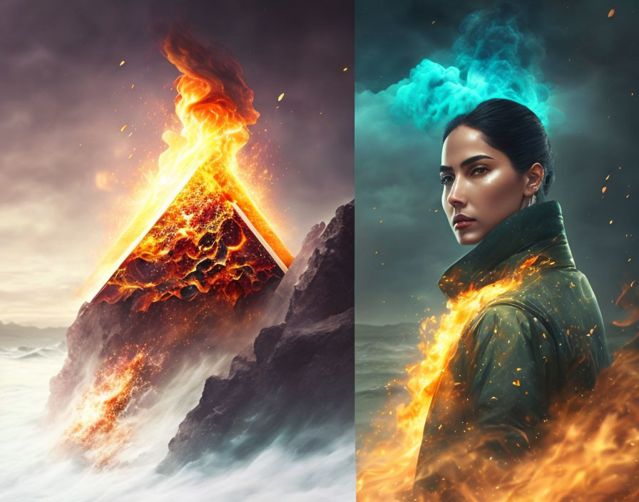 Split image: erupting volcano & woman with blue smoke, symbolizing fire & air.