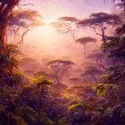 Misty dense forest at sunrise with vibrant green foliage