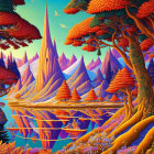 Colorful fantasy landscape: orange trees, purple mountains, reflective lake.