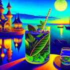 Refreshing cocktails on wooden railing with sunset, calm water, and illuminated building.