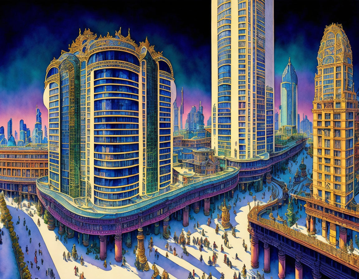 Golden-blue skyscrapers in futuristic cityscape with elevated roads on snow-covered ground under dusky sky