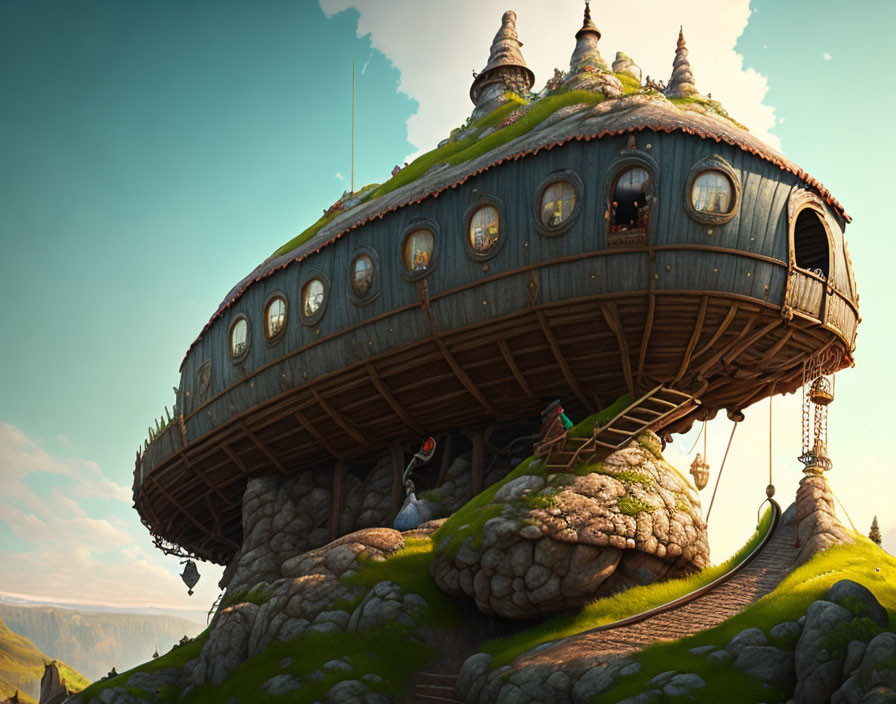 Round whimsical house with grassy roof on rocky outcrop, bridge, hanging lamp, medieval characters