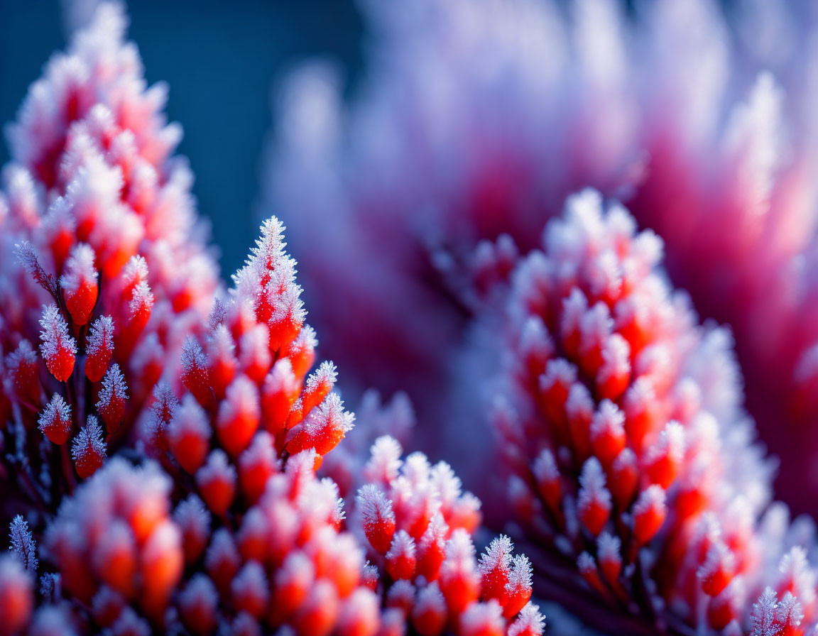 Vibrant red plants with frost-tipped leaves on soft-focus background