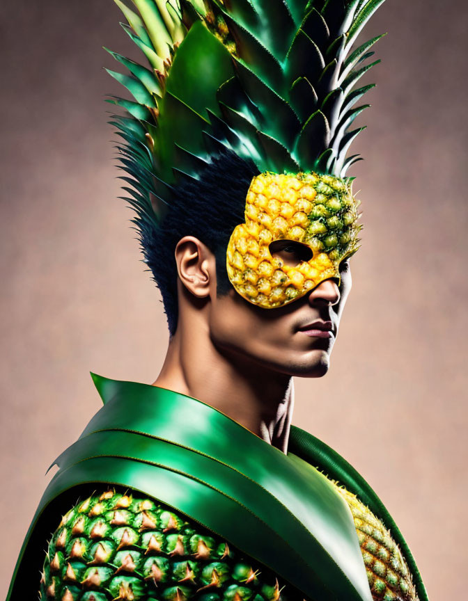 Person in Pineapple Masquerade Mask on Tan Background