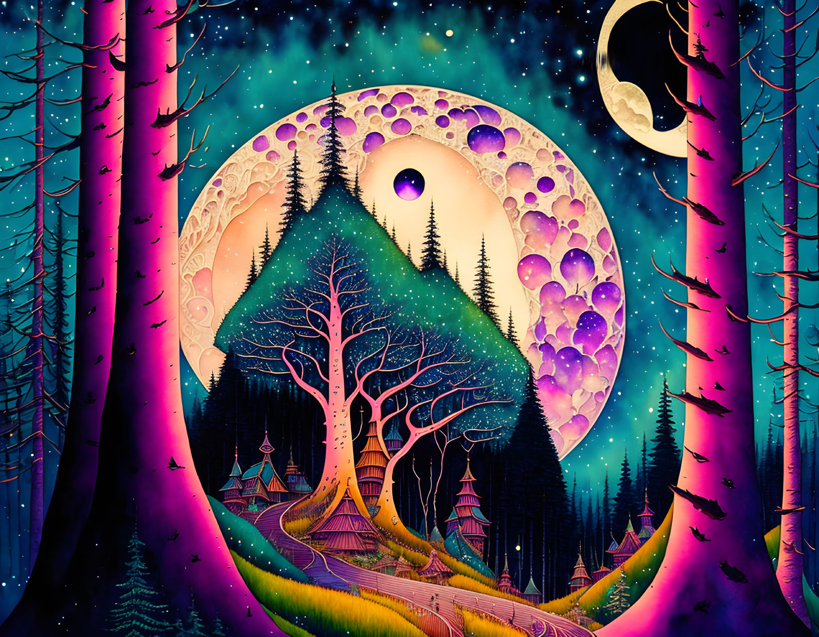 Fantasy landscape with triangular portal, majestic tree, moons, whimsical houses, starry sky in