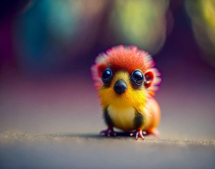 Colorful Small Fantasy Creature with Big Eyes and Red Tuft on Head