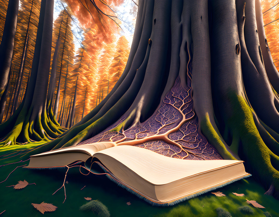 Open book transforming into vibrant tree in magical forest with golden light