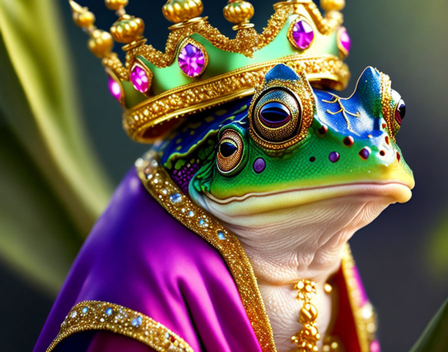 Colorful Frog Wearing Gold Crown and Purple Royal Cloak