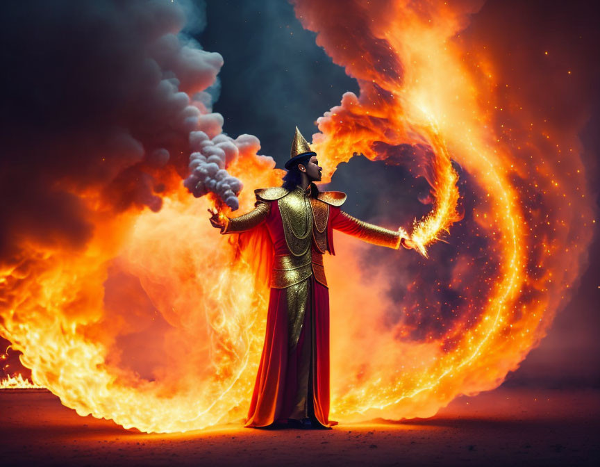 Person in Elaborate Costume with Golden Headdress Amidst Swirling Flames